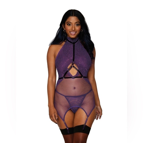 🦋B2G1🦋DREAMGIRL 3-piece lace & fishnet garter slip, harness & matching G-string - Picture 1 of 4